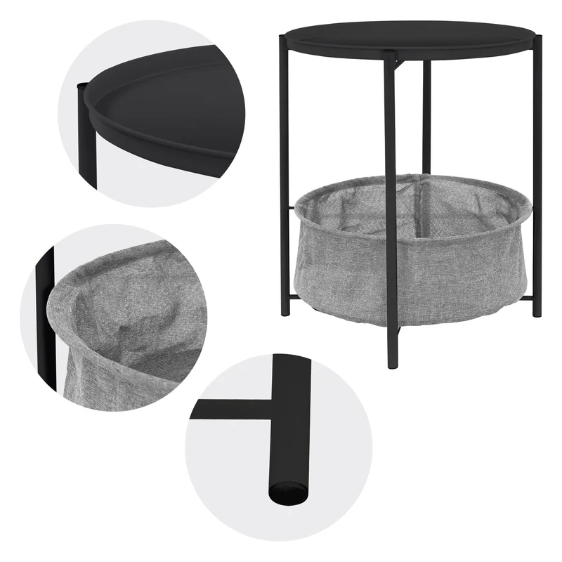 Beistelltisch rund Ø 46x51 cm Anthrazit aus Metall inkl. Tablett und Stoffkorb ML-Design