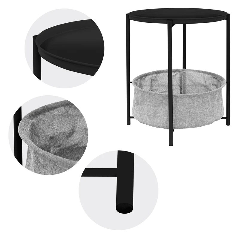 Beistelltisch rund Ø 46x51 cm Schwarz aus Metall inkl. Tablett und Stoffkorb ML-Design