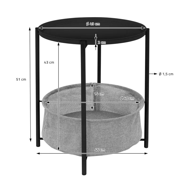 Beistelltisch rund Ø 46x51 cm Schwarz aus Metall inkl. Tablett und Stoffkorb ML-Design