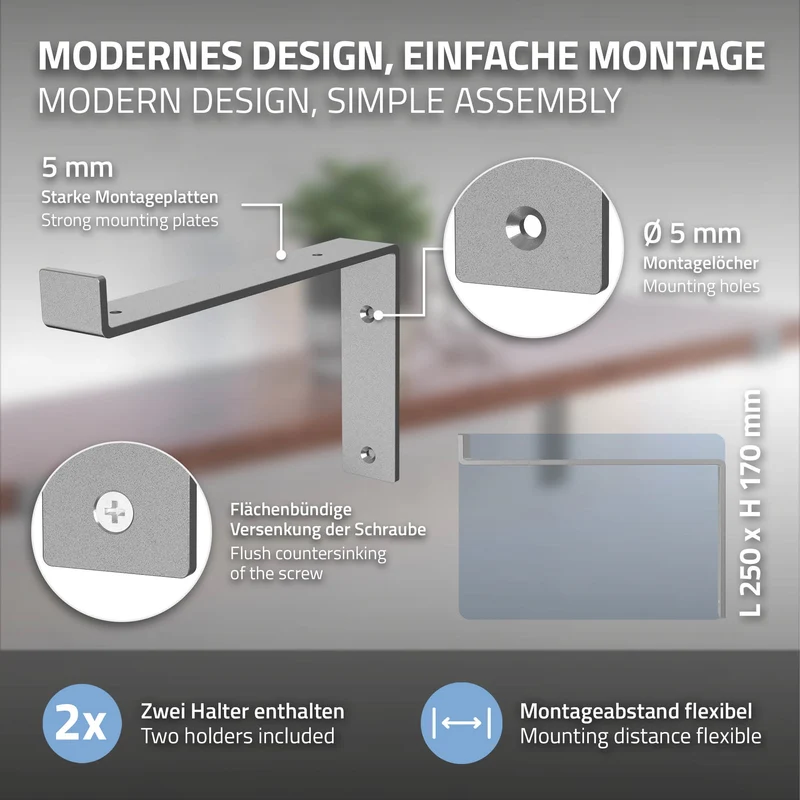 Wandkonsole Regalhalterung 2er Set 250 x 145 mm Grau aus Stahl ML-Design