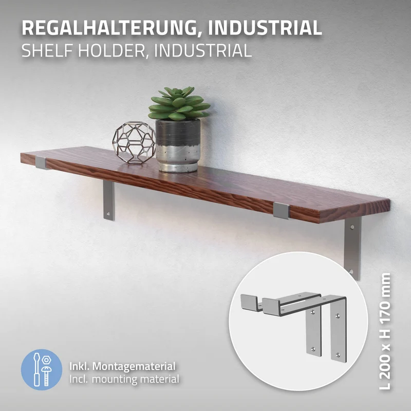 Wandkonsole Regalhalterung 2er Set 200 x 145 mm Grau aus Stahl ML-Design