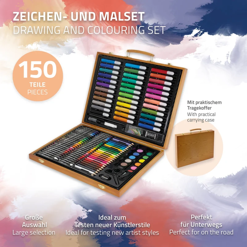 Malset 150-Teilig im Holzkoffer mit Filzstiften, Wachsmalstiften, Ölpastellkreide und Buntstiften