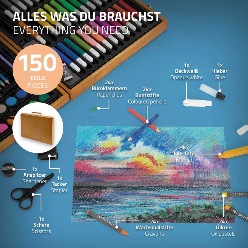 Malset 150-Teilig im Holzkoffer mit Filzstiften, Wachsmalstiften, Ölpastellkreide und Buntstiften