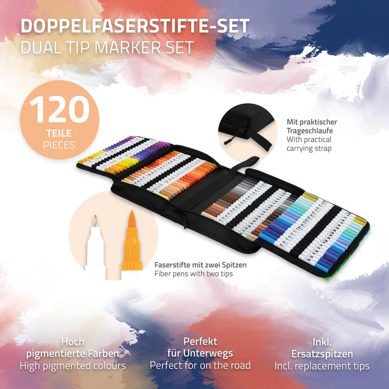 Doppelfaserstifte Set mit 120 Farben mit 2 Spitzen in klappbarem Mäppchen
