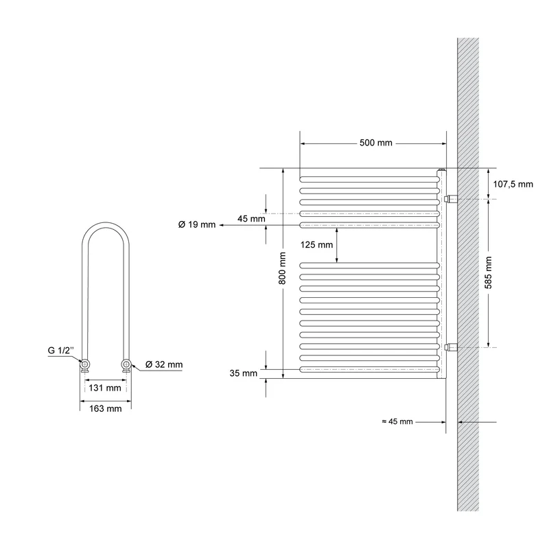 Elektrischer Badheizkörper mit Heizstab 300W 500x800 mm Anthrazit ML-Design