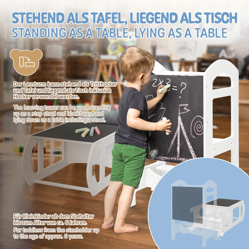 Lernturm 2in1 für Kinder ab 1 Jahr Weiß aus Holz inkl. Tafel von Joyz