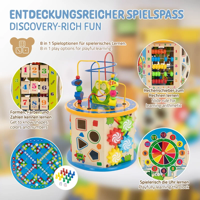 Motorikwürfel Spielwürfel 8 in 1 mit Spielbrett für Kinder ab 1 Jahr aus Holz Joyz