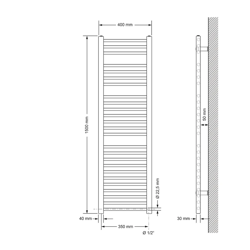 Badheizkörper Sahara 400x1500 mm Chrome gerade mit Seitenanschluss LuxeBath