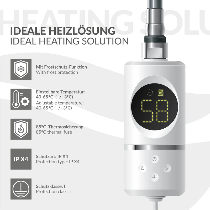 Elektrischer Badheizkörper mit Heizstab 1200W 750x1200 mm Weiß gerade Seitenanschluss & Thermostat Digitalanzeige LuxeBath