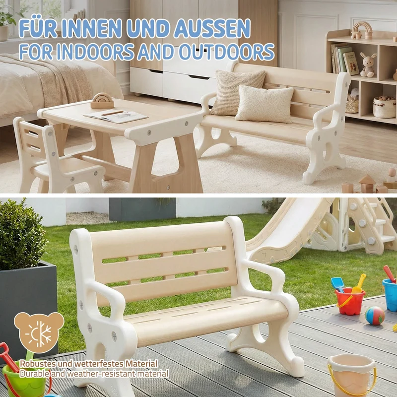 Kindersitzbank Outdoor aus Kunststoff, Sitzbank für Kinder ab 3 Jahre, 81,5x59,5x48 cm Braun-Weiß, Kinderbank Joyz