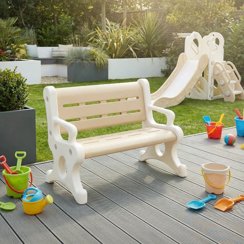 Kindersitzbank Outdoor aus Kunststoff, Sitzbank für Kinder ab 3 Jahre, 81,5x59,5x48 cm Braun-Weiß, Kinderbank Joyz
