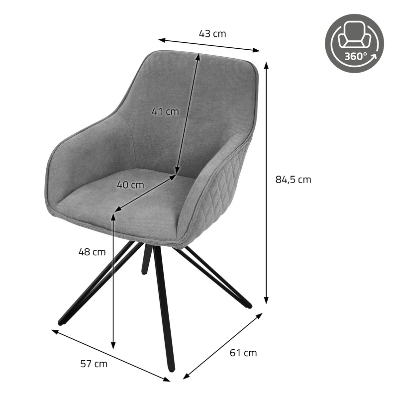 Esszimmerstuhl drehbar Grau aus Textil Webstoff mit Rücken- und Armlehne ML-Design