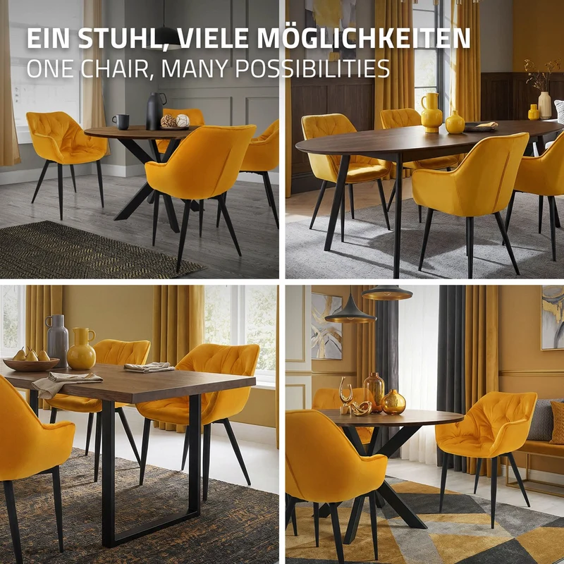 Esszimmerstuhl 2er Set mit Rücken- und Armlehnen Senfgelb Küchenstuhl mit Microfaser-Samtbezug ML-Design