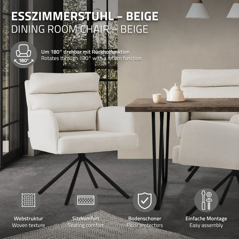 Esszimmerstuhl Beige drehbar mit abnehmbaren Rückenkissen gepolstert bis 120 Kilogramm