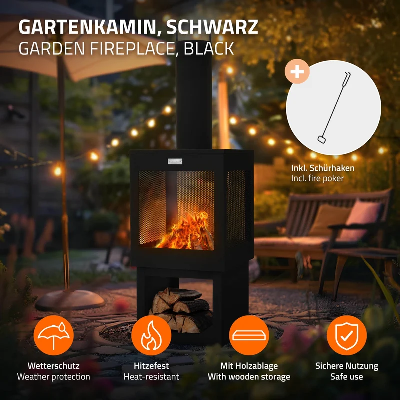 Gartenkamin mit Schornstein 128x40 cm eckig Schwarz Stahl Outdoor Terrassenofen mit Schürhaken abnehmbarem Dach ML-Design