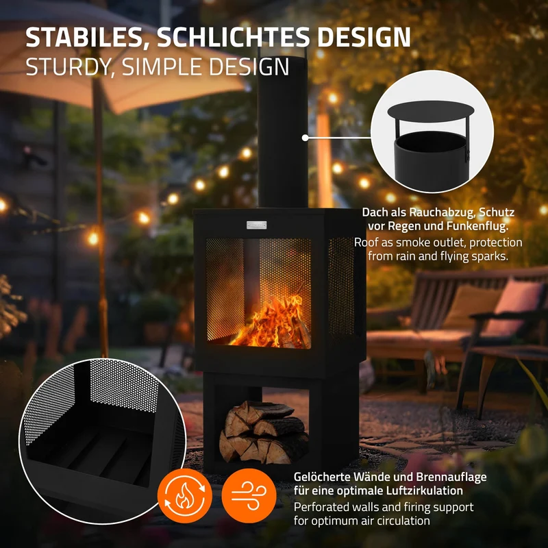 Gartenkamin mit Schornstein 128x40 cm eckig Schwarz Stahl Outdoor Terrassenofen mit Schürhaken abnehmbarem Dach ML-Design