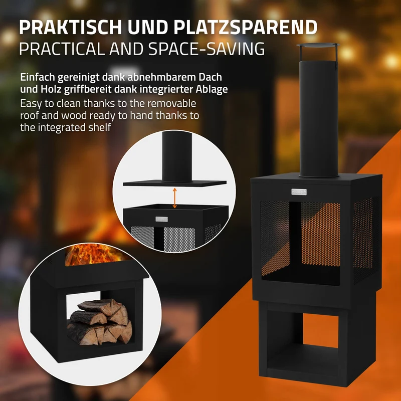 Gartenkamin mit Schornstein 128x40 cm eckig Schwarz Stahl Outdoor Terrassenofen mit Schürhaken abnehmbarem Dach ML-Design