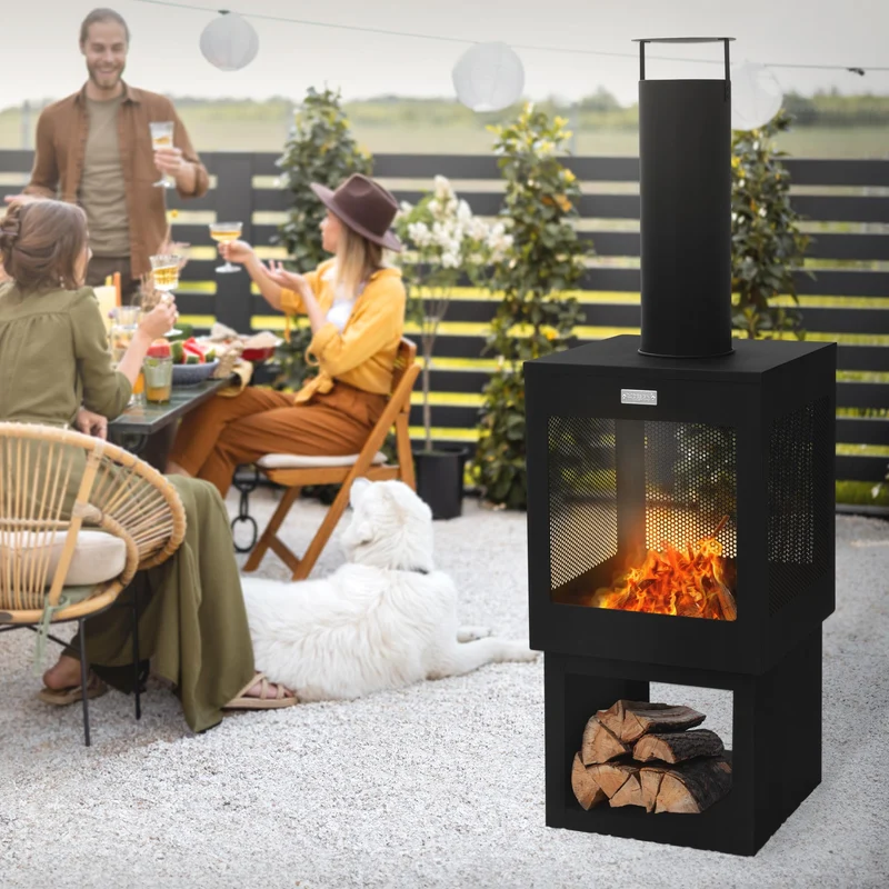 Gartenkamin mit Schornstein 128x40 cm eckig Schwarz Stahl Outdoor Terrassenofen mit Schürhaken abnehmbarem Dach ML-Design