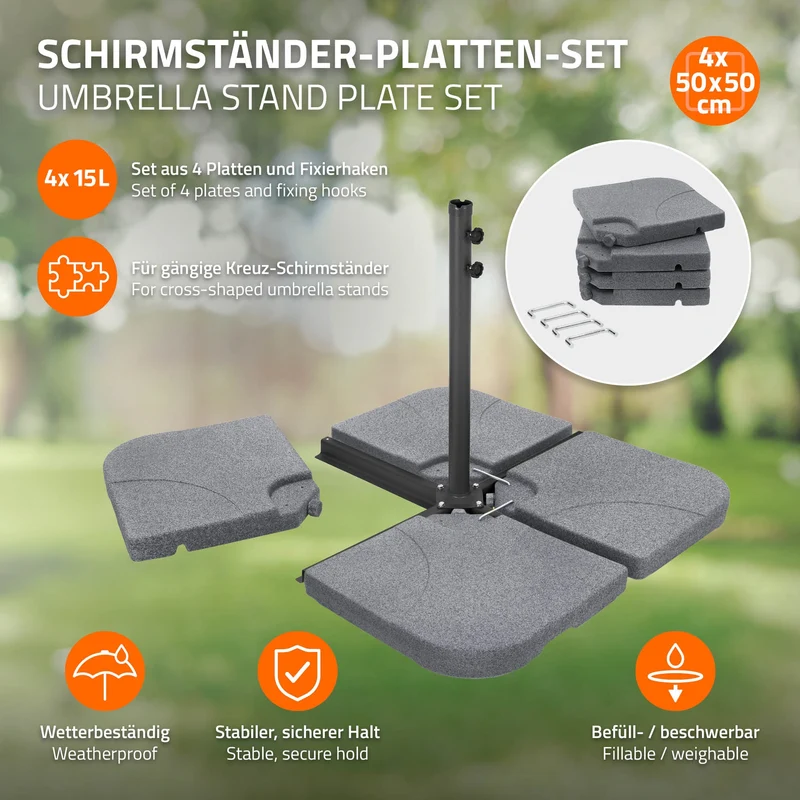 Sonnenschirmständer 4-teilig, Steinoptik Schirmgewicht, Gewichtsplatten für Ampelschirmständer befüllbar mit 60 Liter Wasser/80kg Sand ML-Design