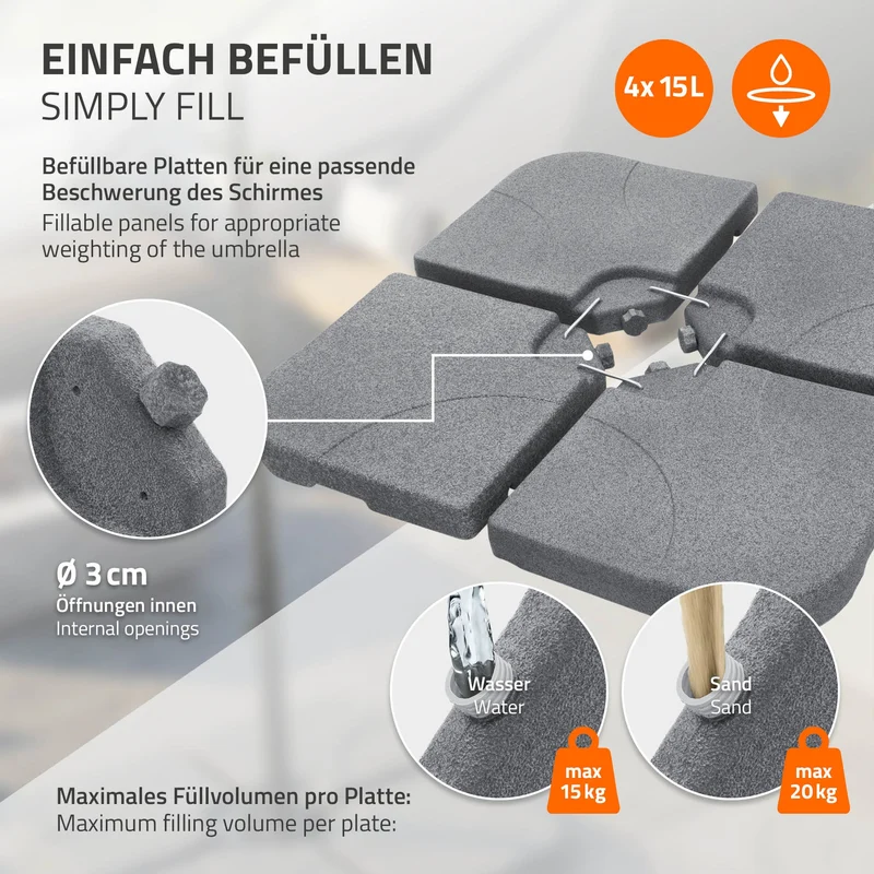Sonnenschirmständer 4-teilig, Steinoptik Schirmgewicht, Gewichtsplatten für Ampelschirmständer befüllbar mit 60 Liter Wasser/80kg Sand ML-Design