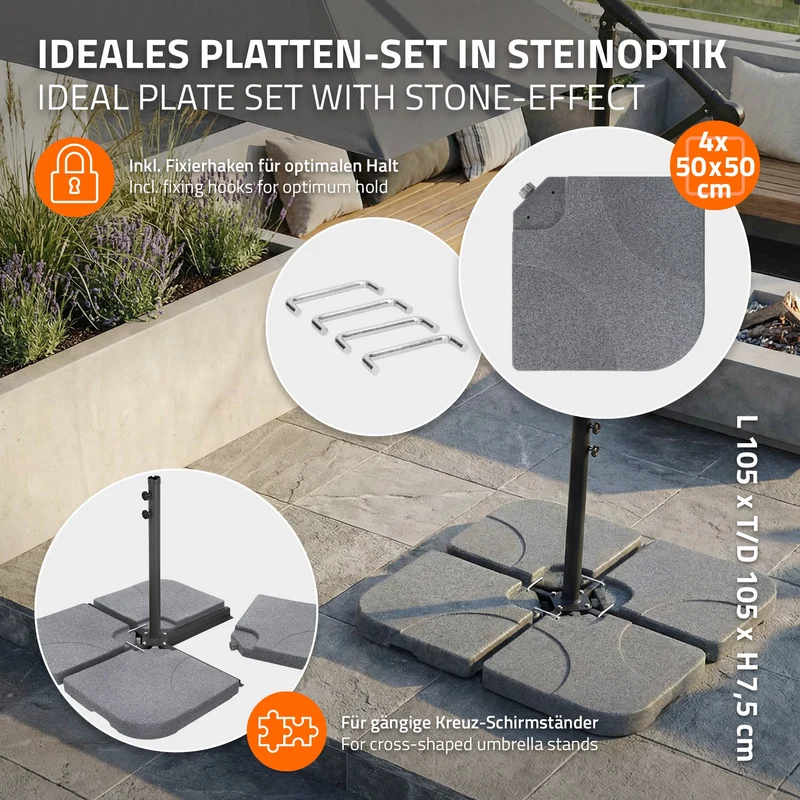 Sonnenschirmständer 4-teilig, Steinoptik Schirmgewicht, Gewichtsplatten für Ampelschirmständer befüllbar mit 60 Liter Wasser/80kg Sand ML-Design