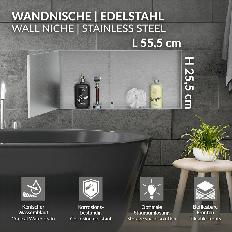 Wandnische Dusche mit befliesbarer Tür 25,5x55,5 cm Silber aus Edelstahl randlos Duschnische Duschablage LuxeBath
