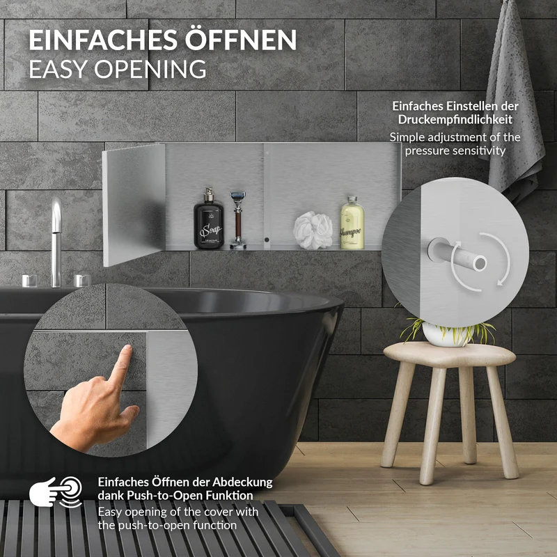 Wandnische Dusche mit befliesbarer Tür 25,5x55,5 cm Silber aus Edelstahl randlos Duschnische Duschablage LuxeBath