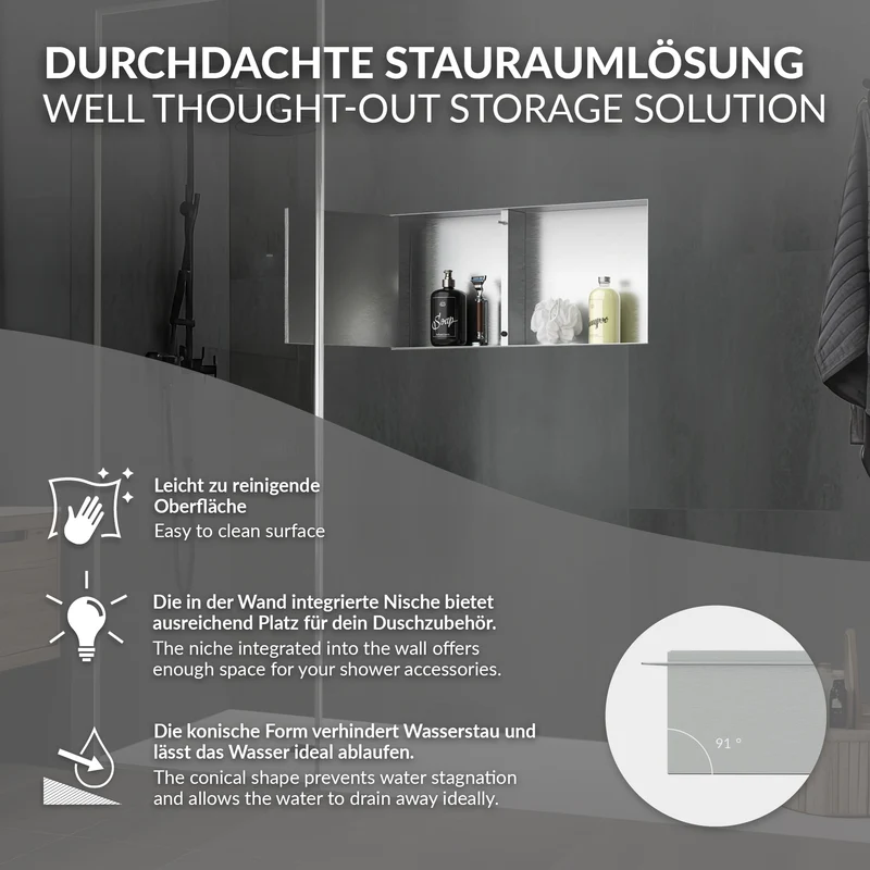 Wandnische Dusche mit befliesbarer Tür 25,5x55,5 cm Silber aus Edelstahl randlos Duschnische Duschablage LuxeBath