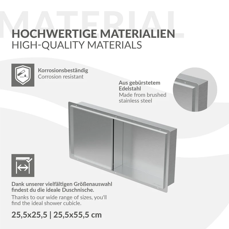 Wandnische Dusche mit befliesbarer Tür 25,5x55,5 cm Silber aus Edelstahl randlos Duschnische Duschablage LuxeBath