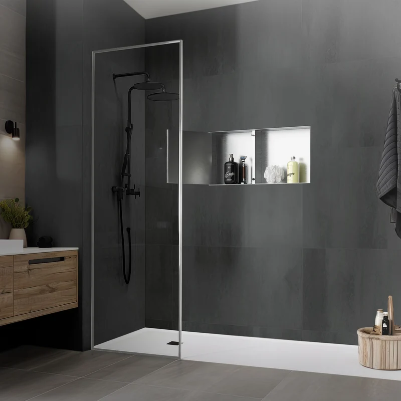 Wandnische Dusche mit befliesbarer Tür 25,5x55,5 cm Silber aus Edelstahl randlos Duschnische Duschablage LuxeBath