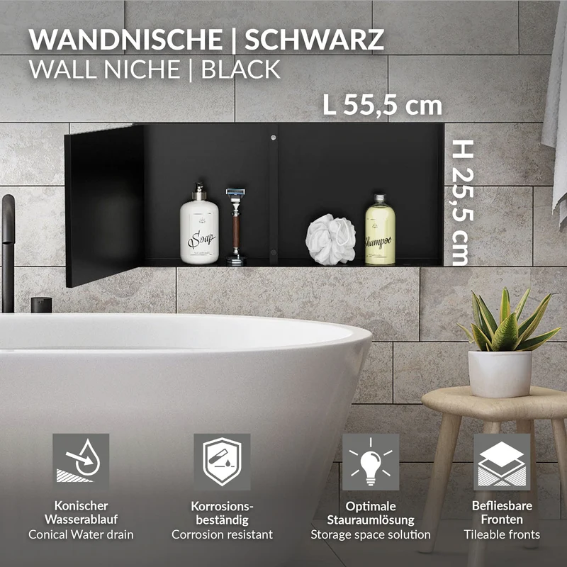 Wandnische Dusche mit befliesbarer Tür 25,5x55,5 cm Schwarz aus Edelstahl randlos Duschnische Duschablage LuxeBath