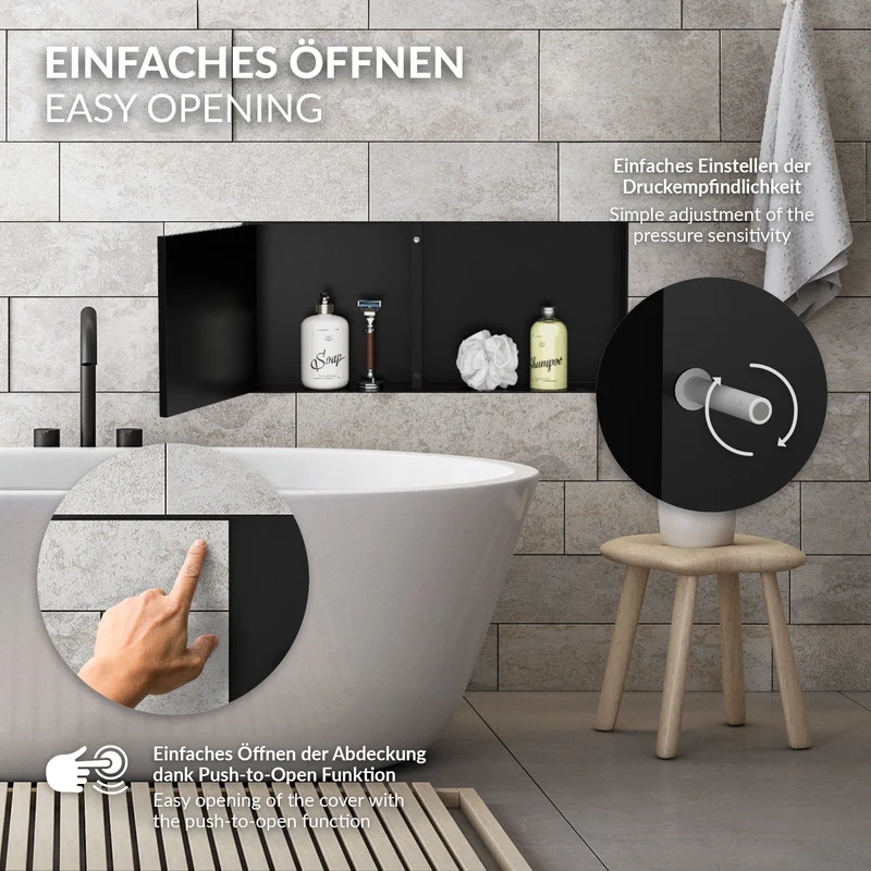 Wandnische Dusche mit befliesbarer Tür 25,5x55,5 cm Schwarz aus Edelstahl randlos Duschnische Duschablage LuxeBath