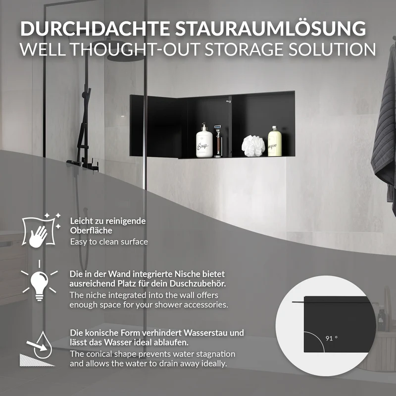 Wandnische Dusche mit befliesbarer Tür 25,5x55,5 cm Schwarz aus Edelstahl randlos Duschnische Duschablage LuxeBath