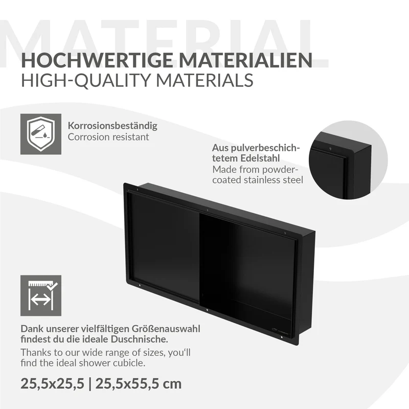 Wandnische Dusche mit befliesbarer Tür 25,5x55,5 cm Schwarz aus Edelstahl randlos Duschnische Duschablage LuxeBath