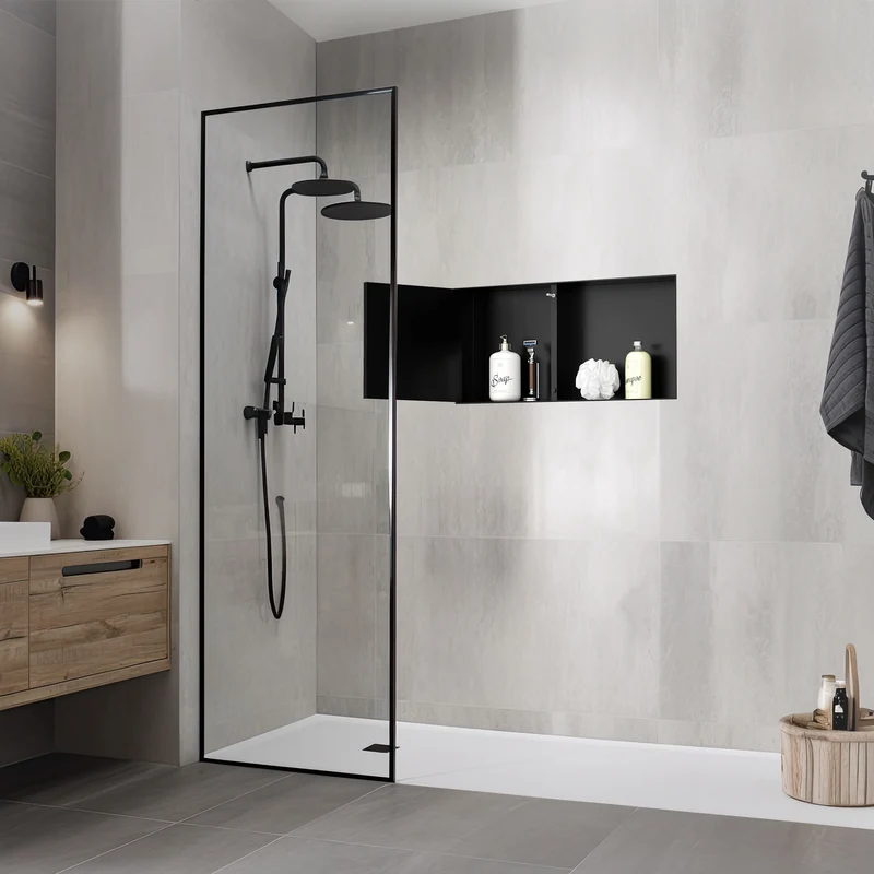 Wandnische Dusche mit befliesbarer Tür 25,5x55,5 cm Schwarz aus Edelstahl randlos Duschnische Duschablage LuxeBath