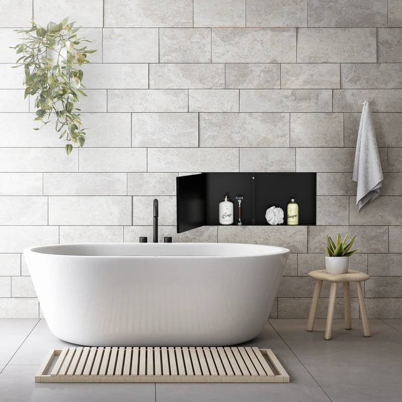 Wandnische Dusche mit befliesbarer Tür 25,5x55,5 cm Schwarz aus Edelstahl randlos Duschnische Duschablage LuxeBath