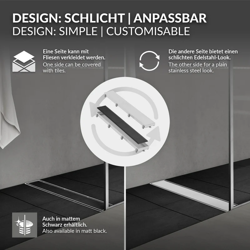 Edelstahl Duschrinne befliesbar 80 cm und Siphon Komplettset Silber flach LuxeBath