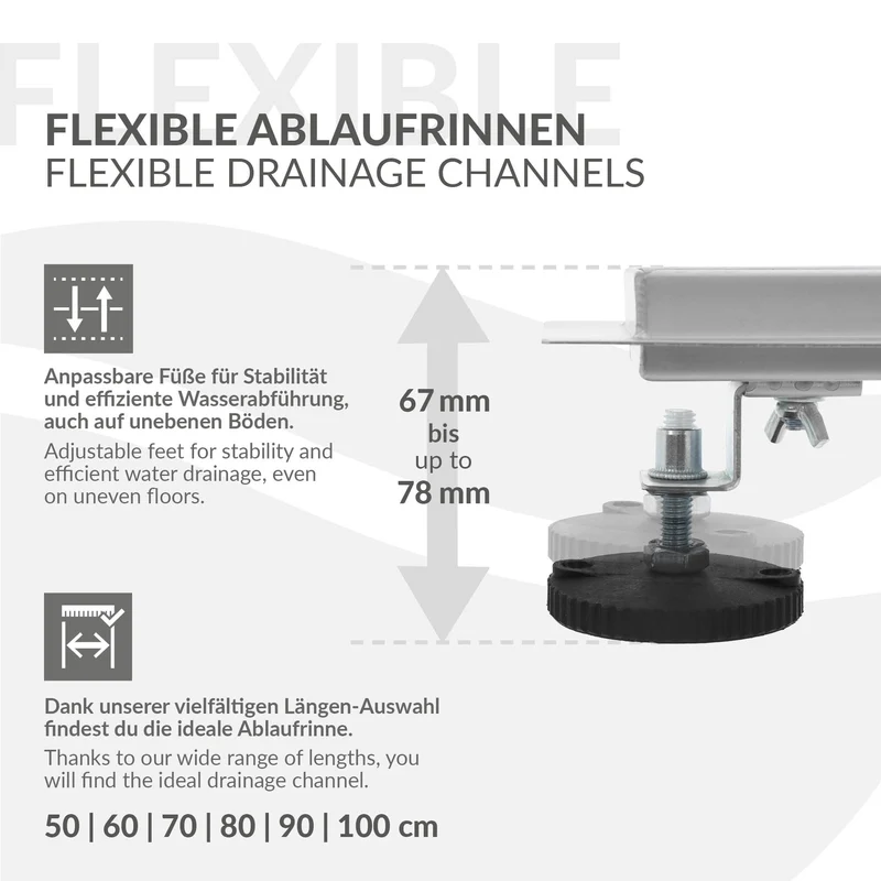 Edelstahl Duschrinne befliesbar 80 cm und Siphon Komplettset Silber flach LuxeBath