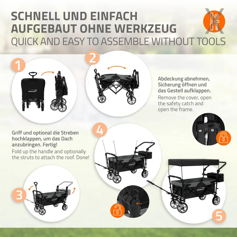 HAUKI | Bollerwagen XXL faltbar mit Dach und Tasche bis 120 kg aus Stahl Schwarz-Grau Transportwagen Handwagen klappbar für Kinder Picknick & Camping
