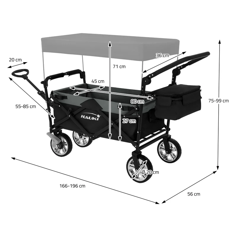 HAUKI | Bollerwagen XXL faltbar mit Dach und Tasche bis 120 kg aus Stahl Schwarz-Grau Transportwagen Handwagen klappbar für Kinder Picknick & Camping