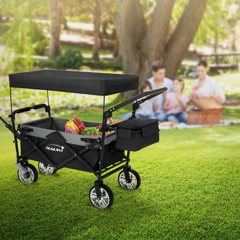 HAUKI | Bollerwagen XXL faltbar mit Dach und Tasche bis 120 kg aus Stahl Schwarz-Grau Transportwagen Handwagen klappbar für Kinder Picknick & Camping