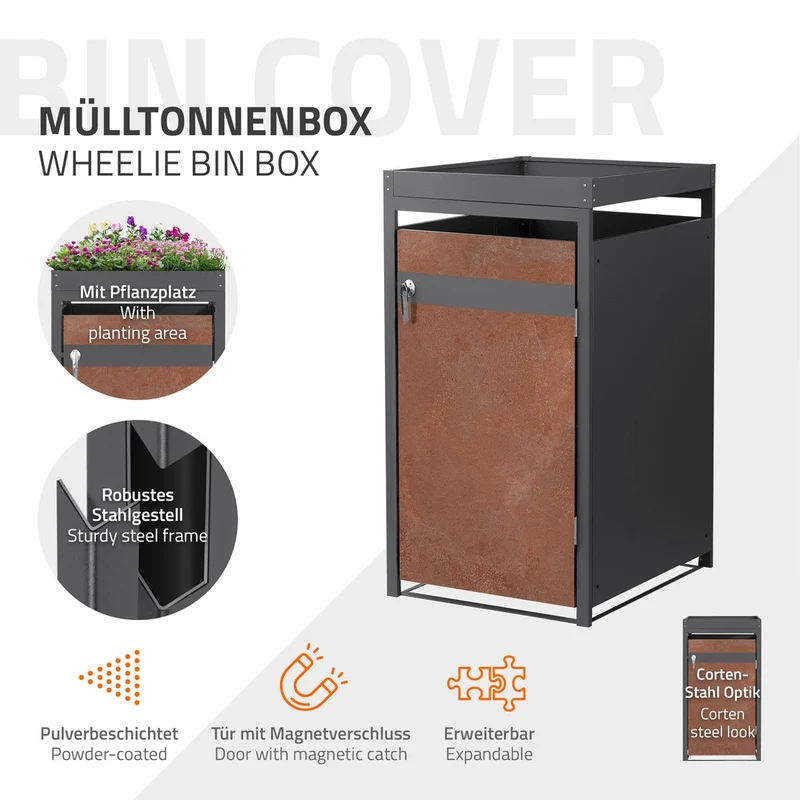 Mülltonnenbox mit Pflanzdach 1er bis 240L 68x80x124 cm aus Stahl in Rostoptik ML-Design