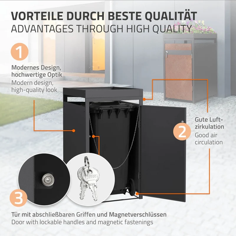 Mülltonnenbox mit Pflanzdach 1er bis 240L 68x80x124 cm aus Stahl in Rostoptik ML-Design
