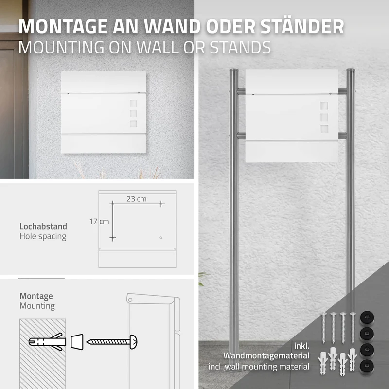 Briefkasten mit Zeitungsfach 37x36,5x10,5 cm Weiß aus Stahl