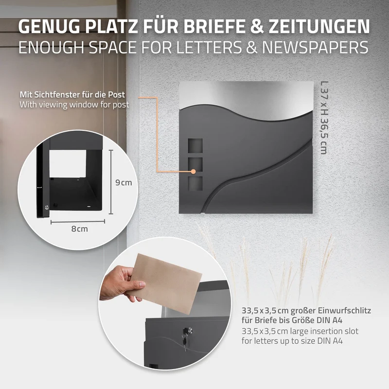 Briefkasten mit Zeitungsfach 37x36,5x10,5 cm Anthrazit/Silber aus Edelstahl