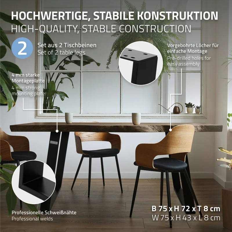 2er Set Tischkufen 80GRAD Neigung 75x72 cm Schwarz Profil 8x2 cm Stahl ML-Design