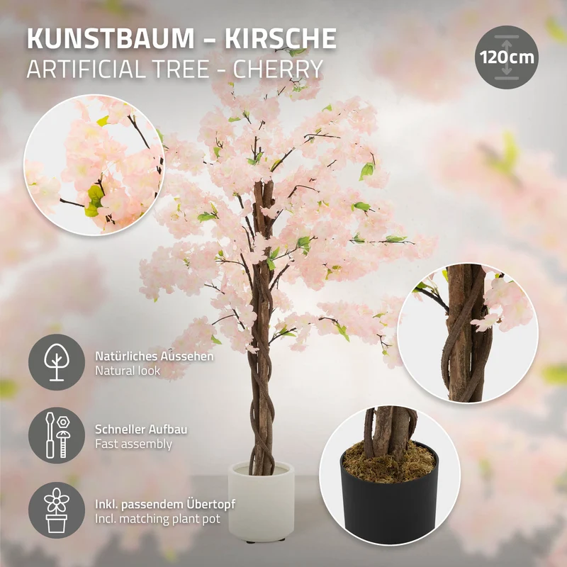 Künstlicher Kirschbaum 120 cm Kunstpflanze mit Naturholzstamm im Topf ML-Design