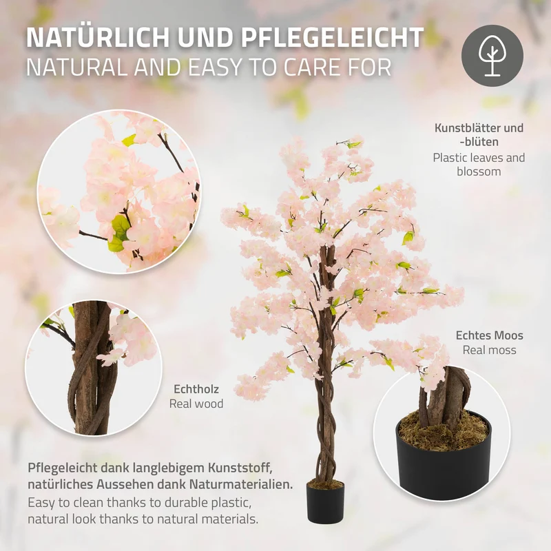 Künstlicher Kirschbaum 120 cm Kunstpflanze mit Naturholzstamm im Topf ML-Design