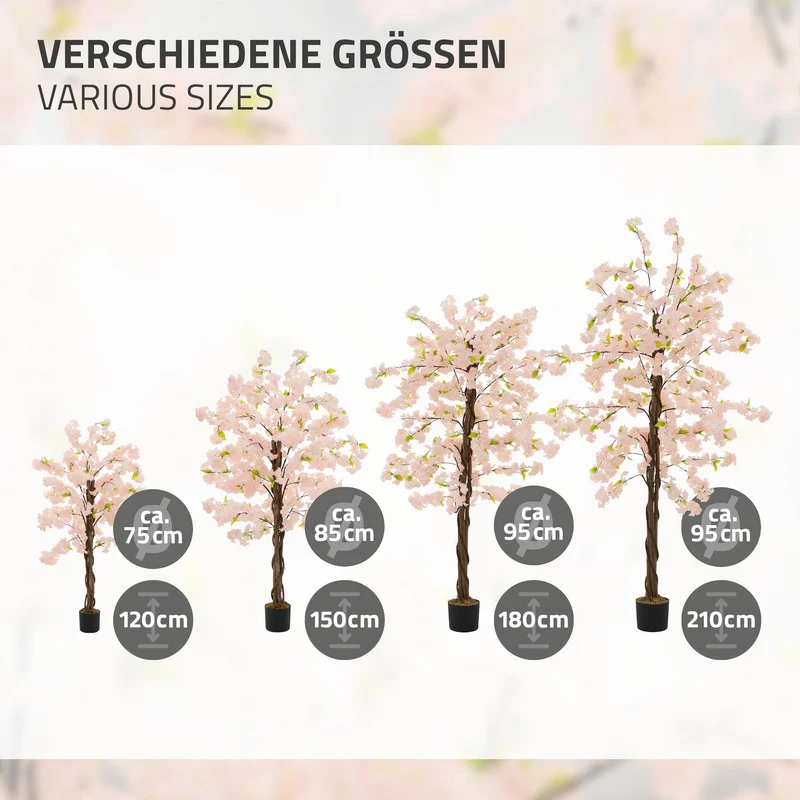 Künstlicher Kirschbaum 120 cm Kunstpflanze mit Naturholzstamm im Topf ML-Design