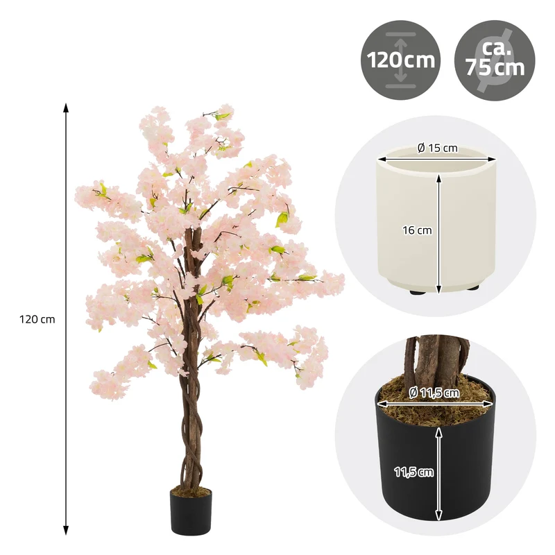 Künstlicher Kirschbaum 120 cm Kunstpflanze mit Naturholzstamm im Topf ML-Design